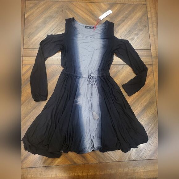 Gypsy 05 Cold Shoulder Dress with tassel tie Black and Grey Small - Picture 1 of 8